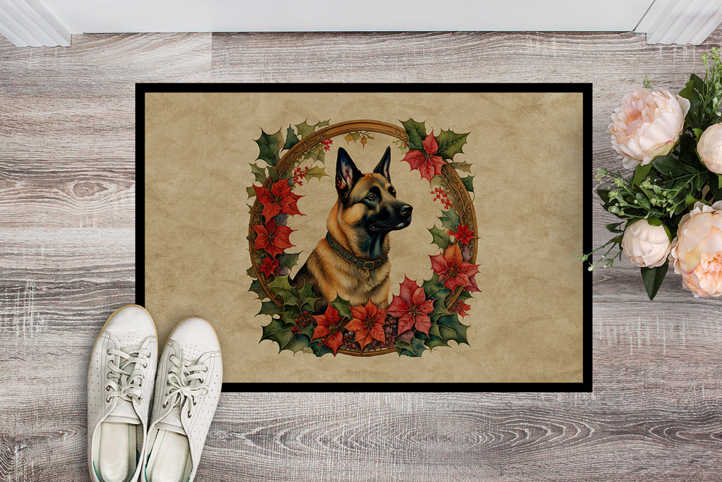 Belgian Malinois Christmas Flowers Doormat Indoor Outdoor 24H X 36W Front Door Mat Rugs for Entryway, Non Slip Washable Low Pile,