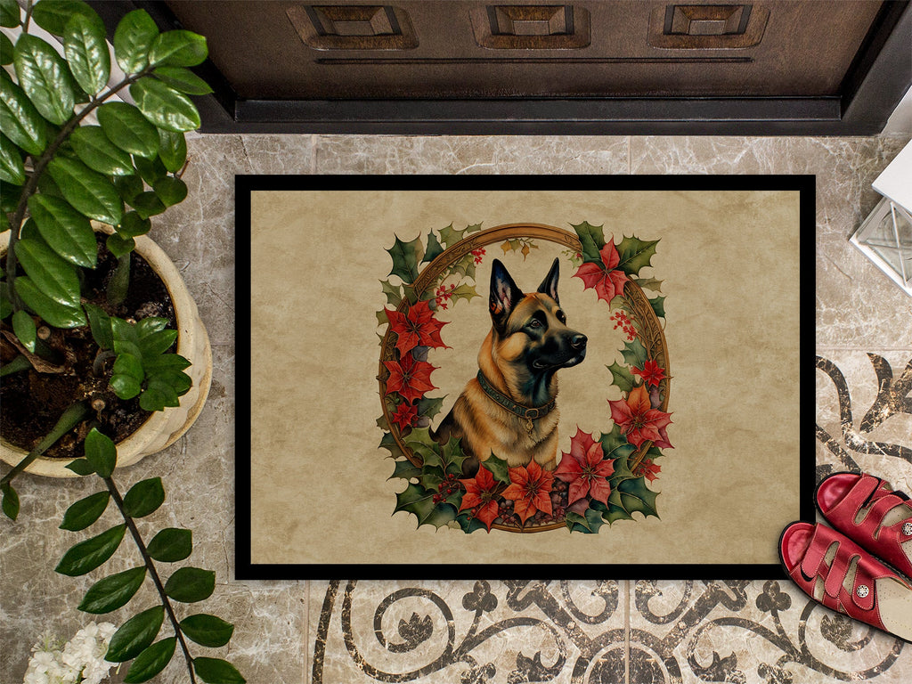 Belgian Malinois Christmas Flowers Doormat Indoor Outdoor 18H X 27W Front Door Mat Rugs for Entryway, Non Slip Washable