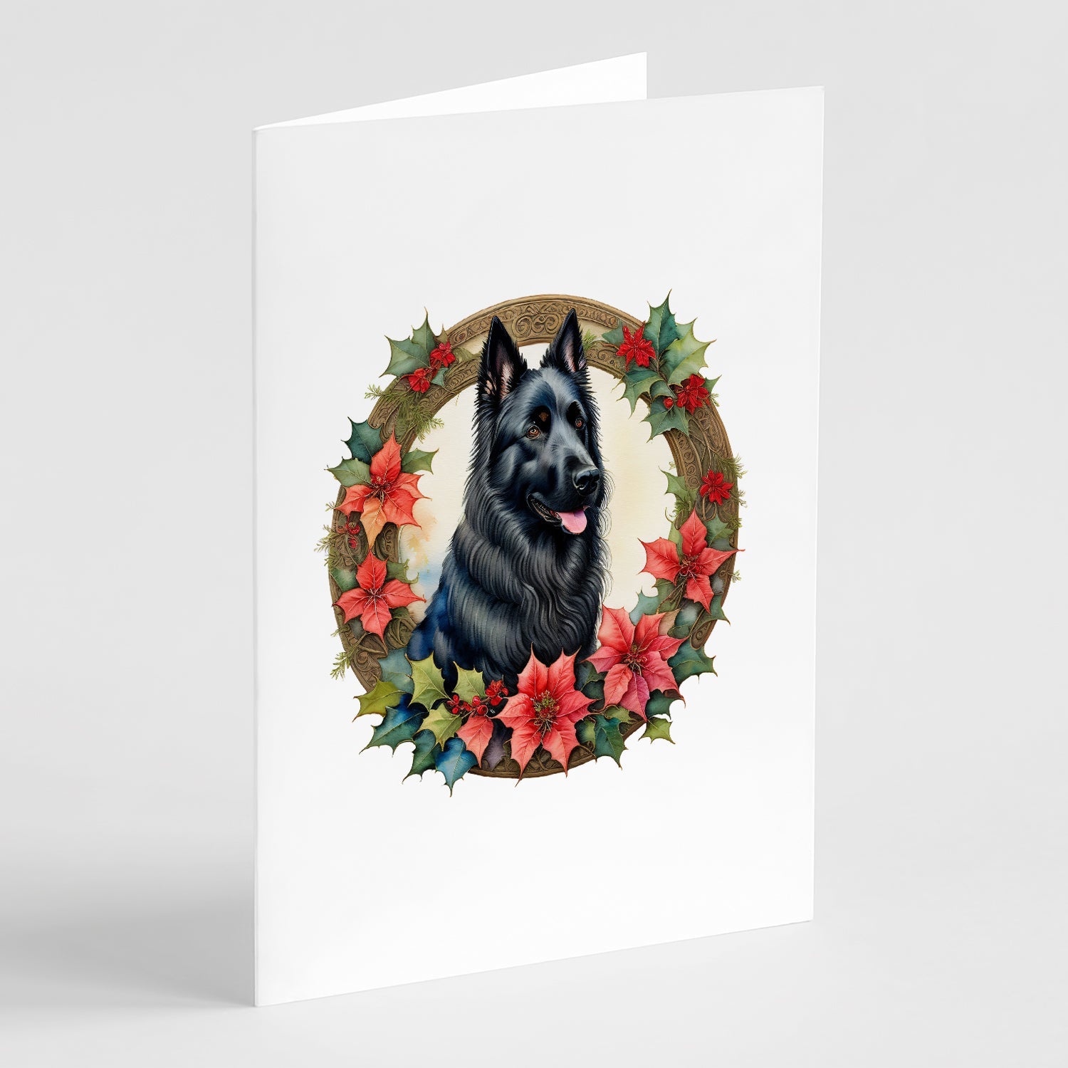 Belgian Sheepdog Christmas Flowers Greeting Cards Pack of 8 Blank Cards with Envelopes Whimsical A7 Size 5x7