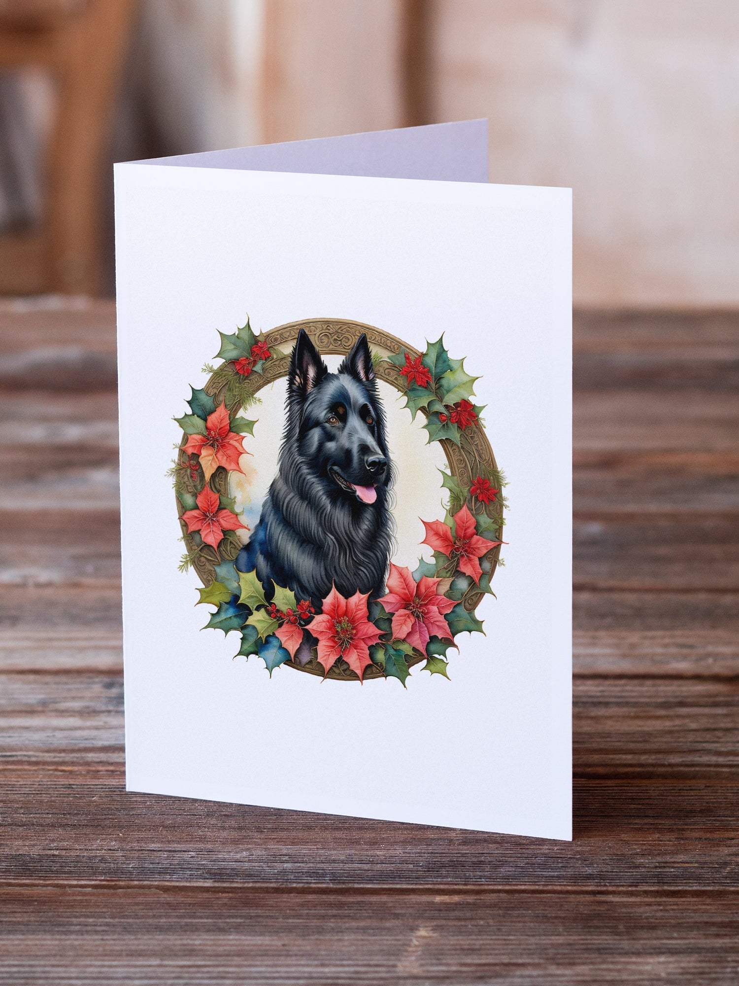 Belgian Sheepdog Christmas Flowers Greeting Cards Pack of 8 Blank Cards with Envelopes Whimsical A7 Size 5x7