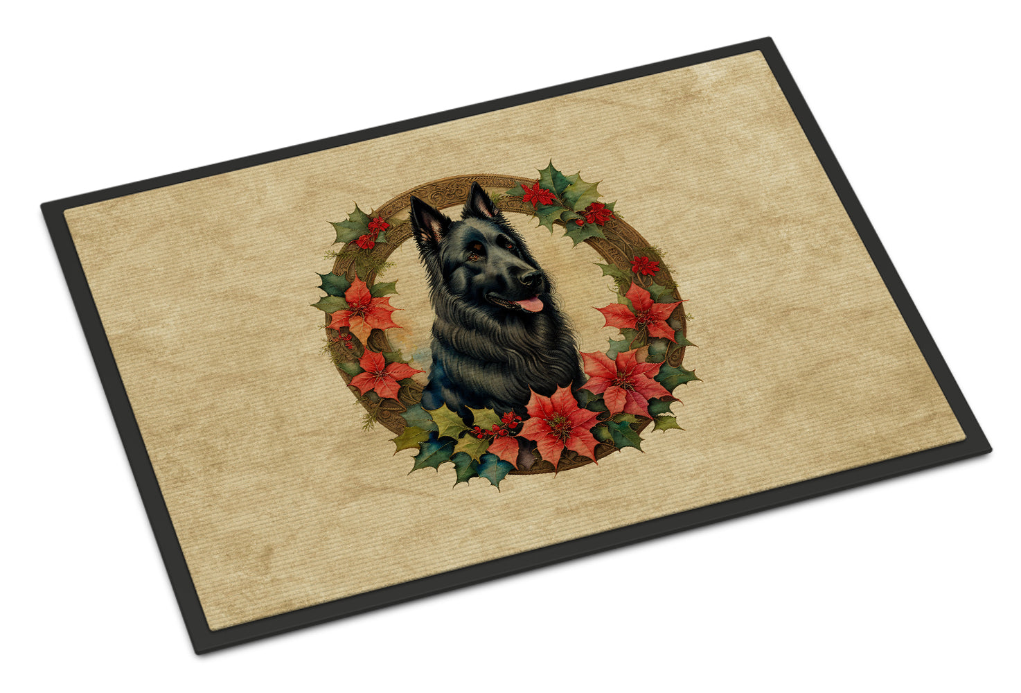 Belgian Sheepdog Christmas Flowers Doormat Indoor Outdoor 18H X 27W Front Door Mat Rugs for Entryway, Non Slip Washable