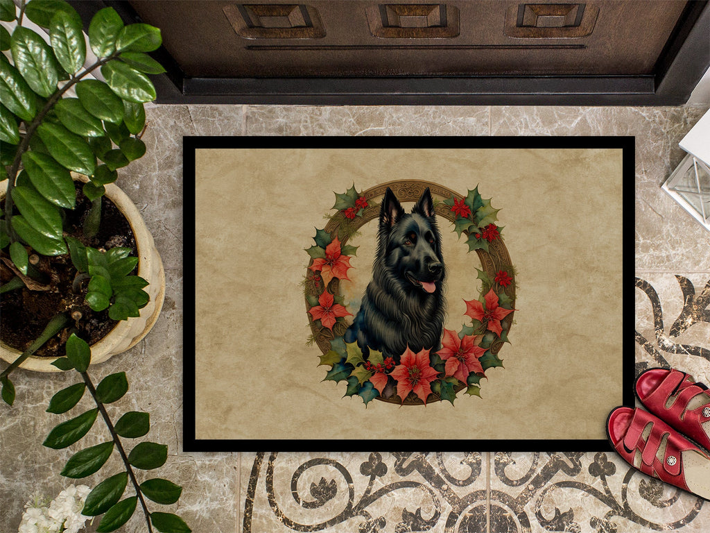 Belgian Sheepdog Christmas Flowers Doormat Indoor Outdoor 18H X 27W Front Door Mat Rugs for Entryway, Non Slip Washable