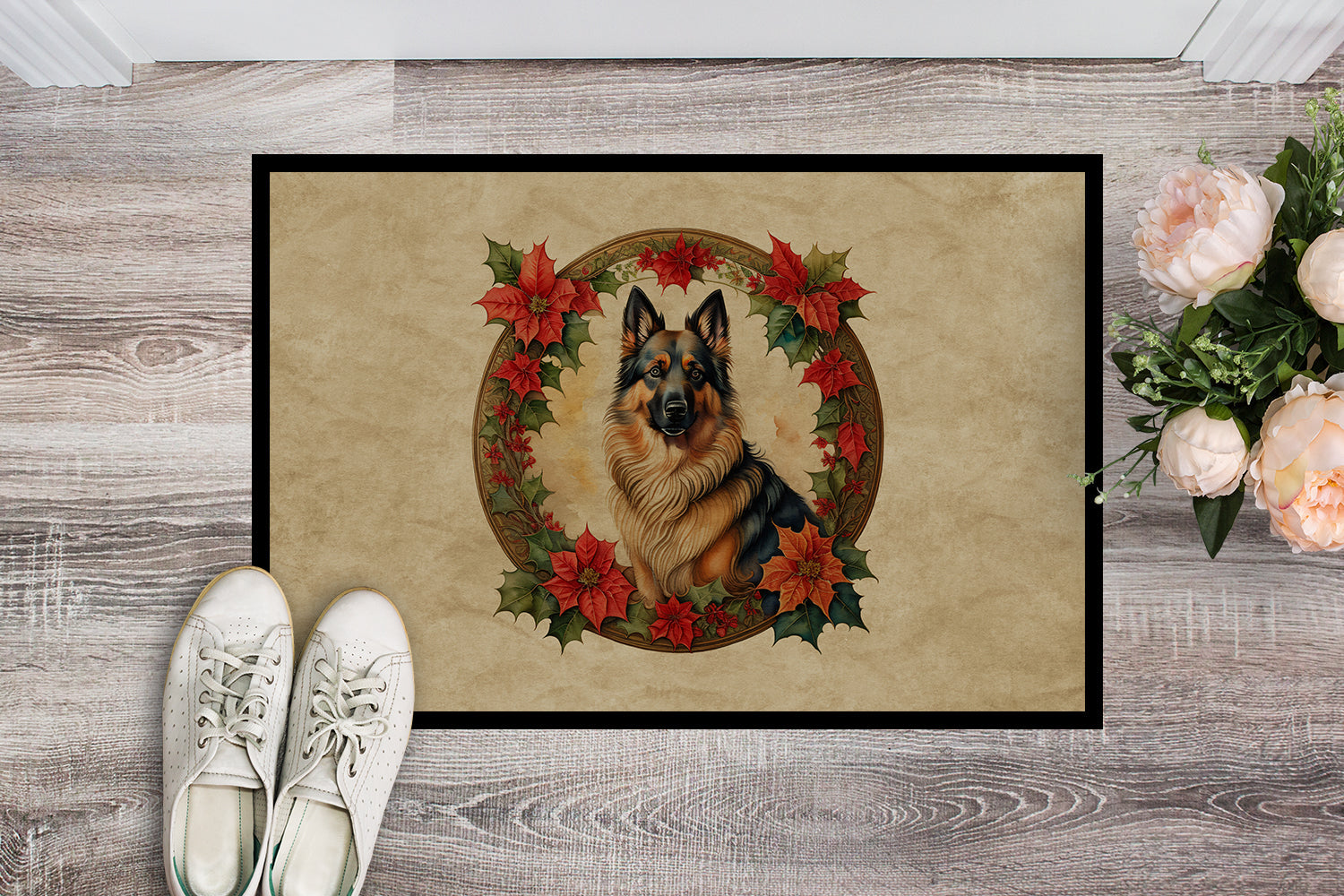 Belgian Tervuren Christmas Flowers Doormat Indoor Outdoor 18H X 27W Front Door Mat Rugs for Entryway, Non Slip Washable