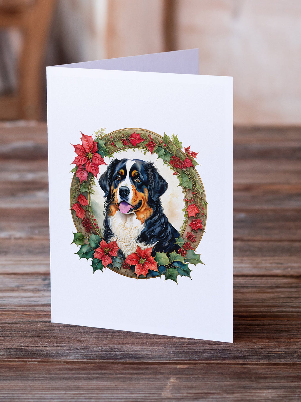 Bernese Mountain Dog Christmas Flowers Greeting Cards Pack of 8 Blank Cards with Envelopes Whimsical A7 Size 5x7