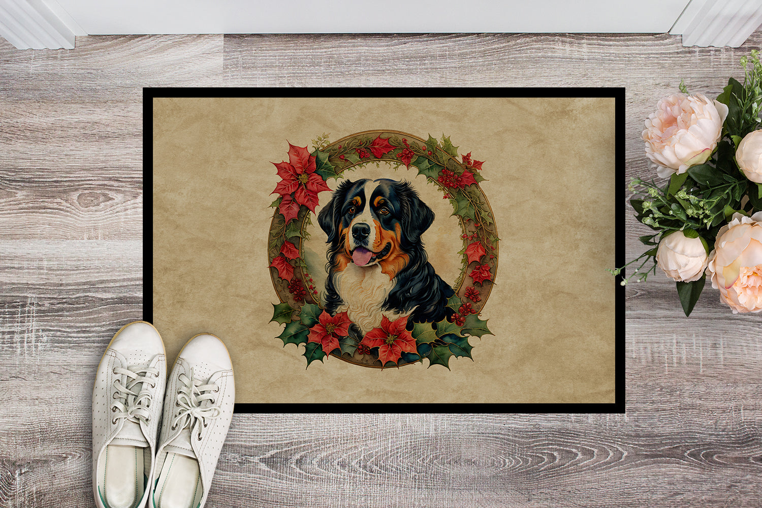 Bernese Mountain Dog Christmas Flowers Doormat Indoor Outdoor 24H X 36W Front Door Mat Rugs for Entryway, Non Slip Washable Low Pile,