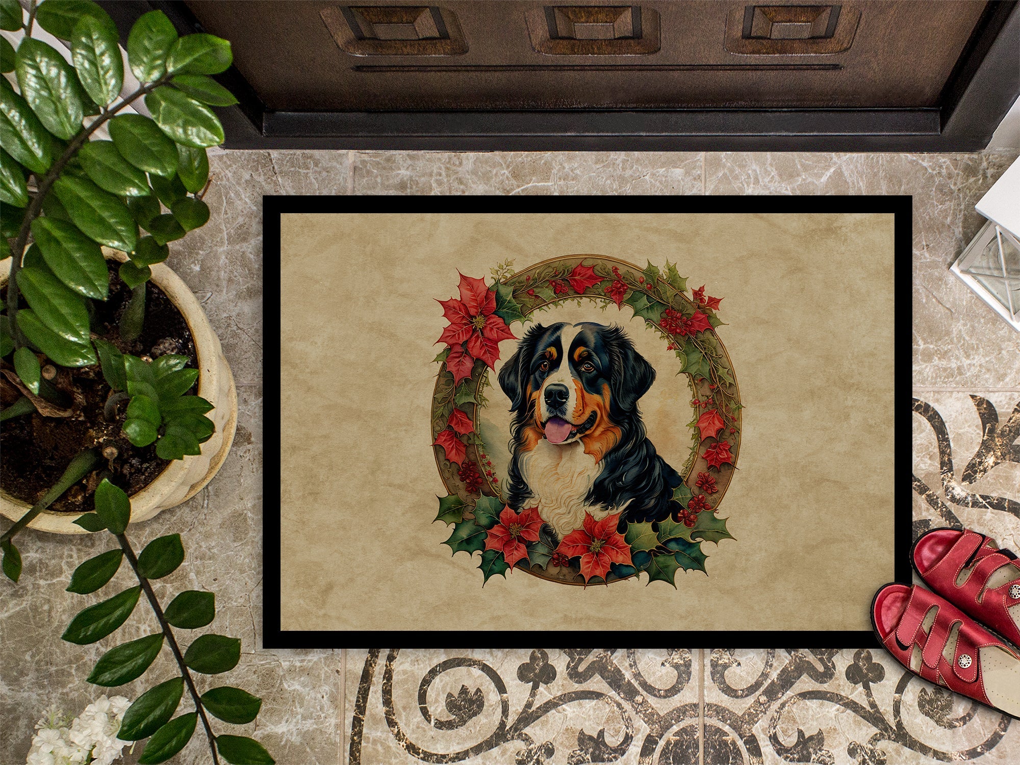 Bernese Mountain Dog Christmas Flowers Doormat Indoor Outdoor 18H X 27W Front Door Mat Rugs for Entryway, Non Slip Washable