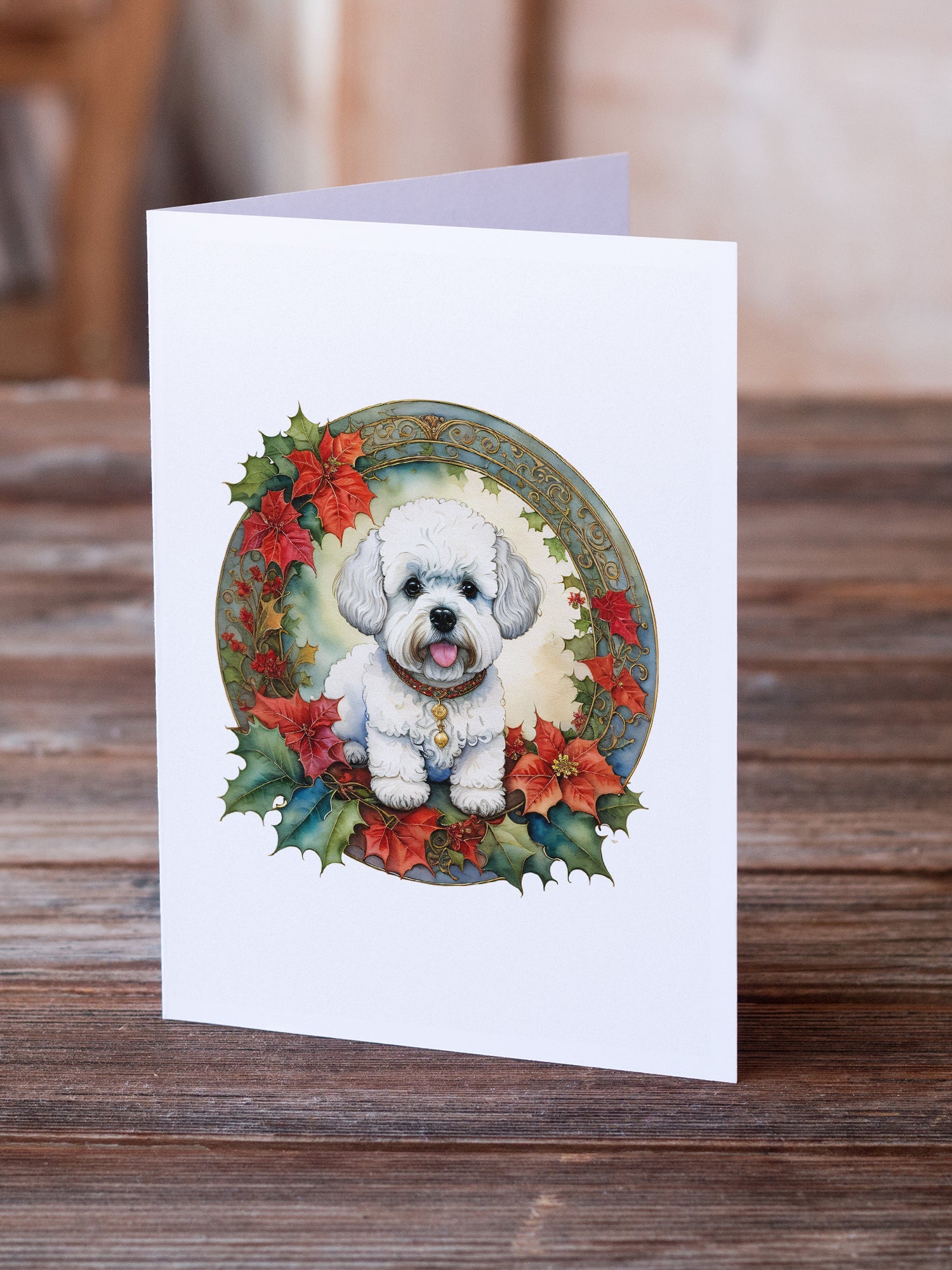 Bichon Frise Christmas Flowers Greeting Cards Pack of 8 Blank Cards with Envelopes Whimsical A7 Size 5x7
