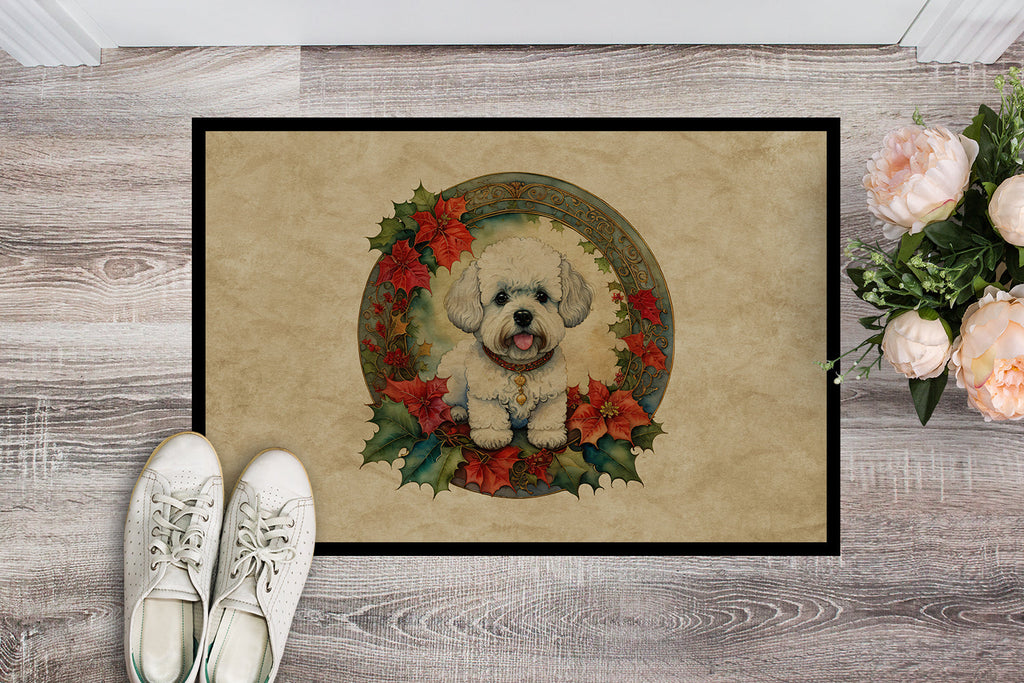 Bichon Frise Christmas Flowers Doormat Indoor Outdoor 24H X 36W Front Door Mat Rugs for Entryway, Non Slip Washable Low Pile,
