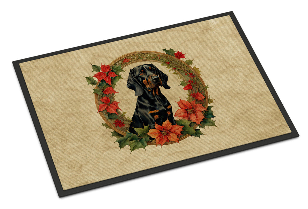 Black and Tan Coonhound Christmas Flowers Doormat Indoor Outdoor 24H X 36W Front Door Mat Rugs for Entryway, Non Slip Washable Low Pile,