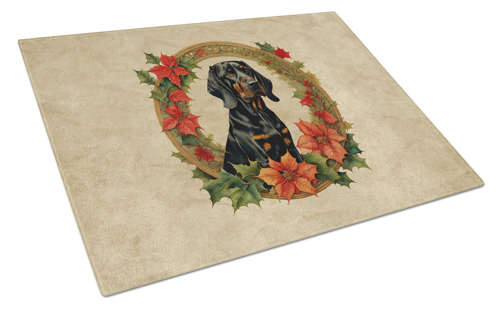 Black and Tan Coonhound Christmas Flowers Cutting Board Tempered Glass Kitchen Cutting Surface, Heat Resistant Chopping, Non-Slip Feet, Food Prep & Serving
