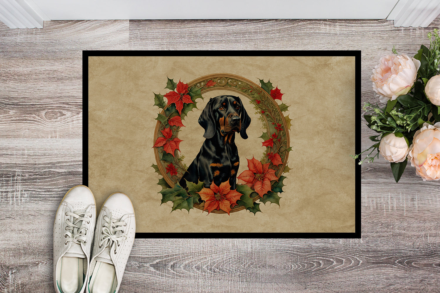 Black and Tan Coonhound Christmas Flowers Doormat Indoor Outdoor 18H X 27W Front Door Mat Rugs for Entryway, Non Slip Washable