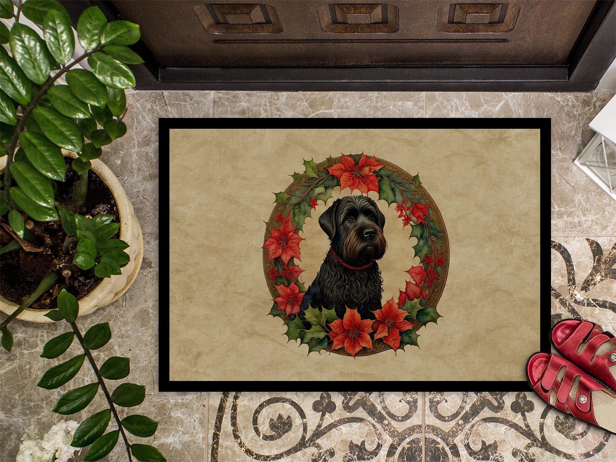 Black Russian Terrier Christmas Flowers Doormat Indoor Outdoor 24H X 36W Front Door Mat Rugs for Entryway, Non Slip Washable Low Pile,