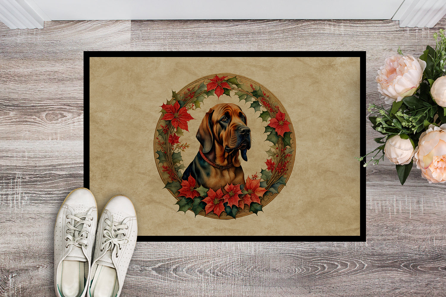 Bloodhound Christmas Flowers Doormat Indoor Outdoor 24H X 36W Front Door Mat Rugs for Entryway, Non Slip Washable Low Pile,