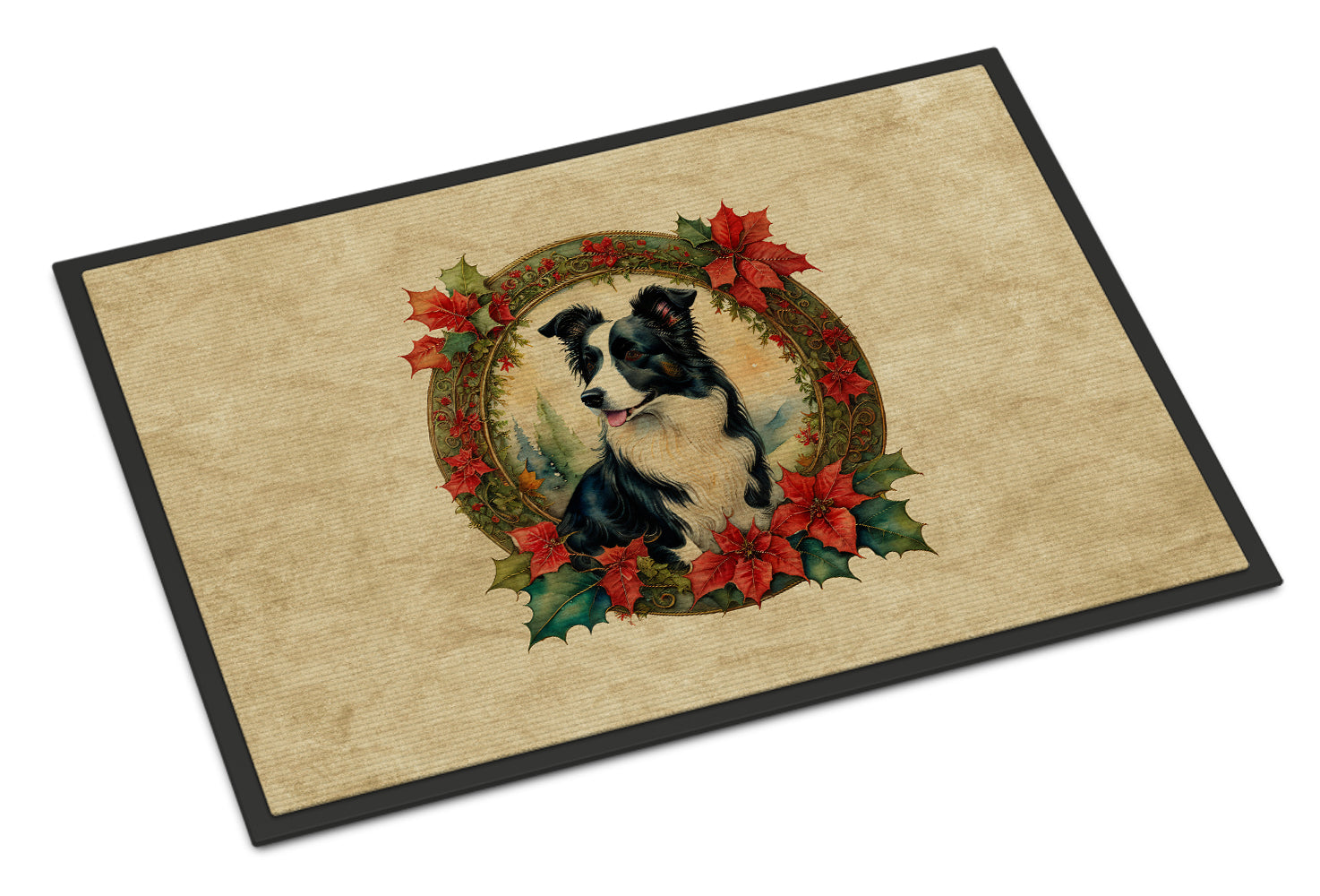 Border Collie Christmas Flowers Doormat Indoor Outdoor 24H X 36W Front Door Mat Rugs for Entryway, Non Slip Washable Low Pile,