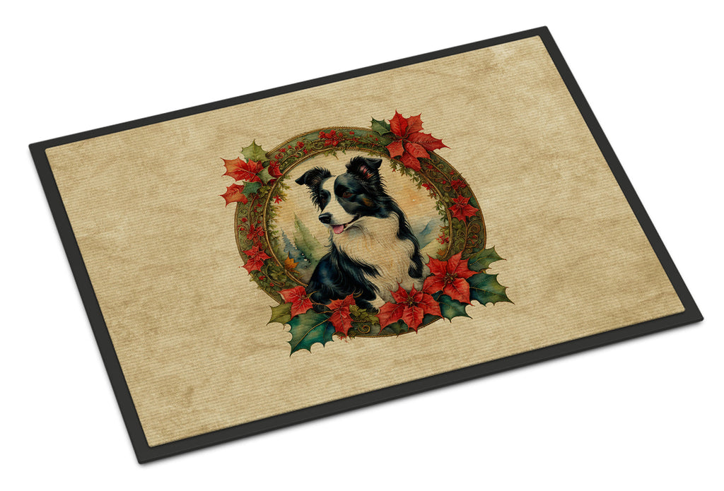 Border Collie Christmas Flowers Doormat Indoor Outdoor 18H X 27W Front Door Mat Rugs for Entryway, Non Slip Washable