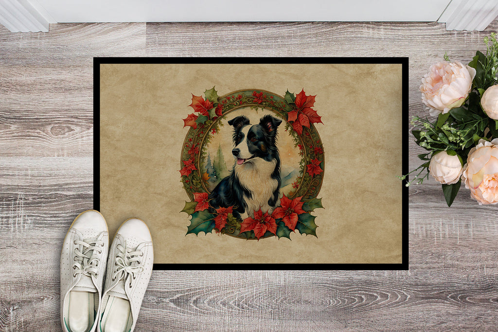 Border Collie Christmas Flowers Doormat Indoor Outdoor 18H X 27W Front Door Mat Rugs for Entryway, Non Slip Washable