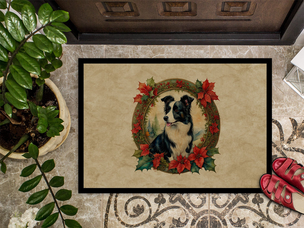 Border Collie Christmas Flowers Doormat Indoor Outdoor 18H X 27W Front Door Mat Rugs for Entryway, Non Slip Washable