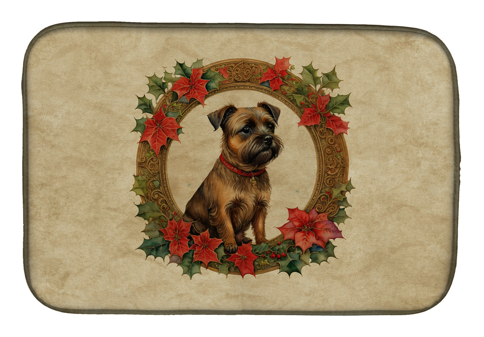 Border Terrier Christmas Flowers Dish Drying Mat Absorbent Dish Drying Mat Pad for Kitchen Counter Dish Drainer Mat for Countertop, 14 x 21", Multicolor