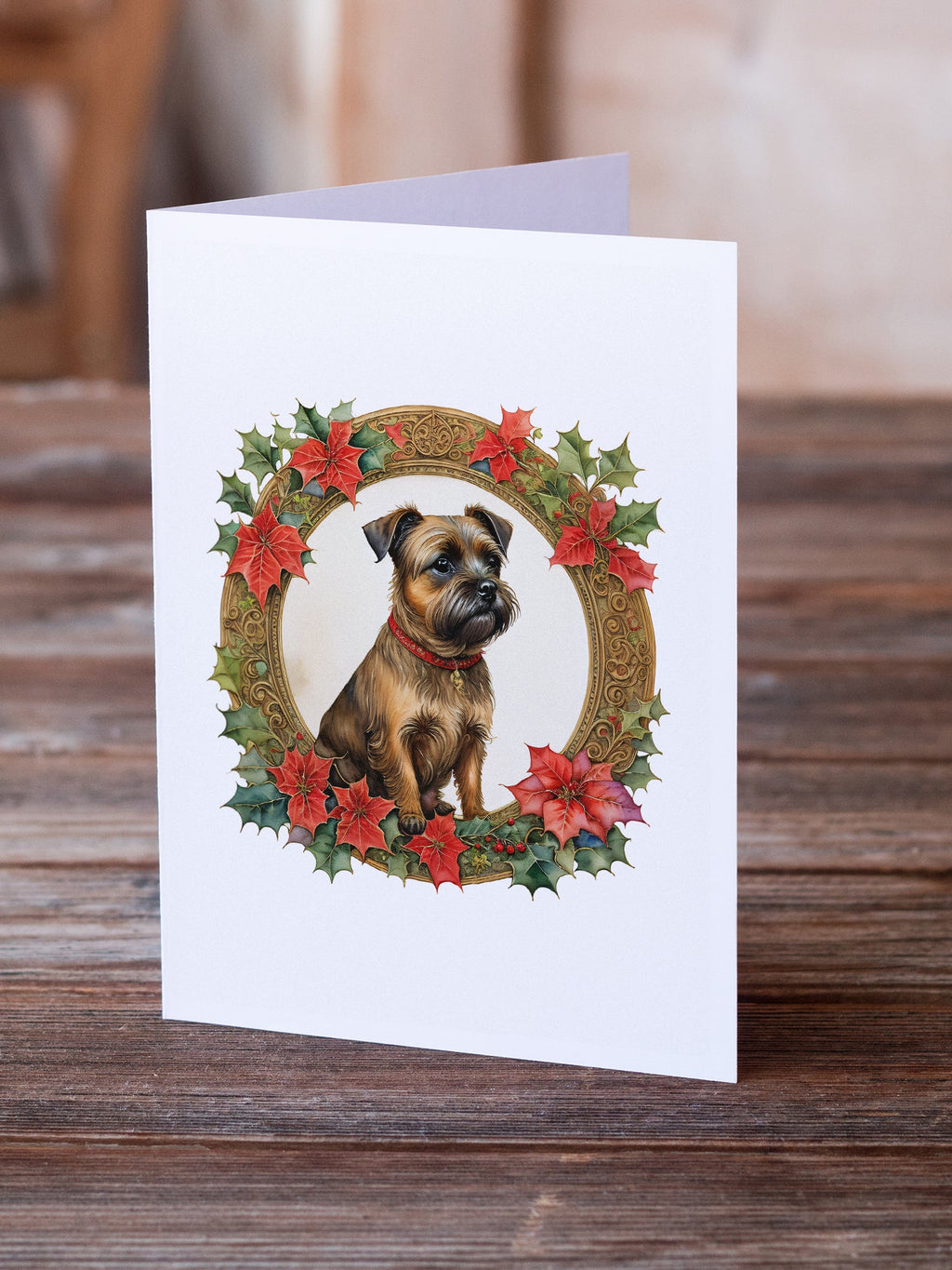 Border Terrier Christmas Flowers Greeting Cards Pack of 8 Blank Cards with Envelopes Whimsical A7 Size 5x7