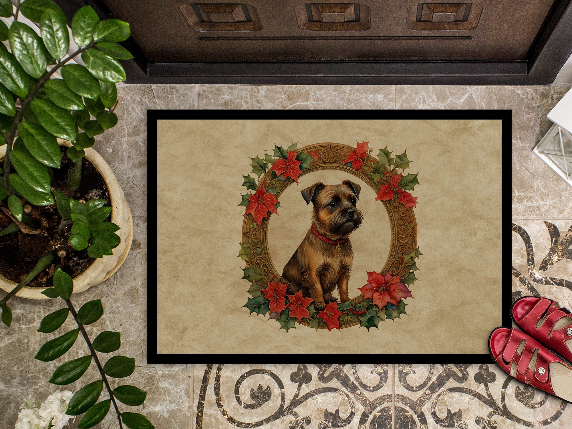 Border Terrier Christmas Flowers Doormat Indoor Outdoor 24H X 36W Front Door Mat Rugs for Entryway, Non Slip Washable Low Pile,