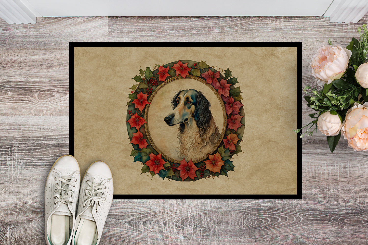 Borzoi Christmas Flowers Doormat Indoor Outdoor 24H X 36W Front Door Mat Rugs for Entryway, Non Slip Washable Low Pile,