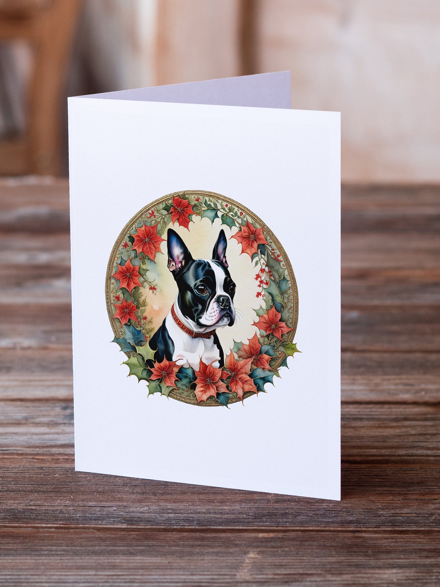 Boston Terrier Christmas Flowers Greeting Cards Pack of 8 Blank Cards with Envelopes Whimsical A7 Size 5x7