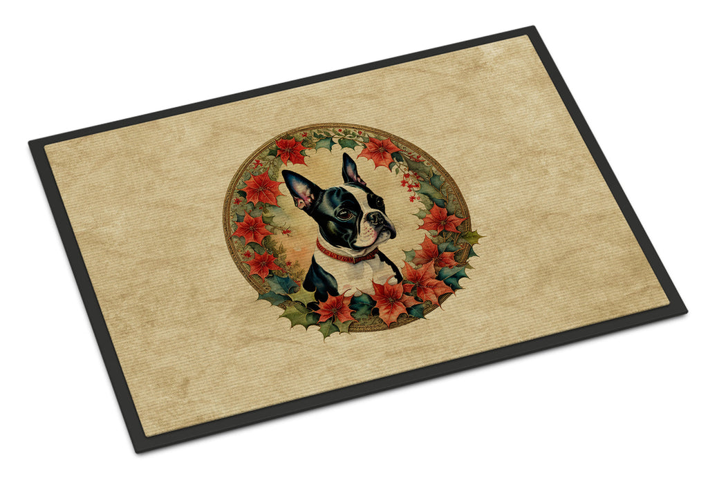 Boston Terrier Christmas Flowers Doormat Indoor Outdoor 24H X 36W Front Door Mat Rugs for Entryway, Non Slip Washable Low Pile,
