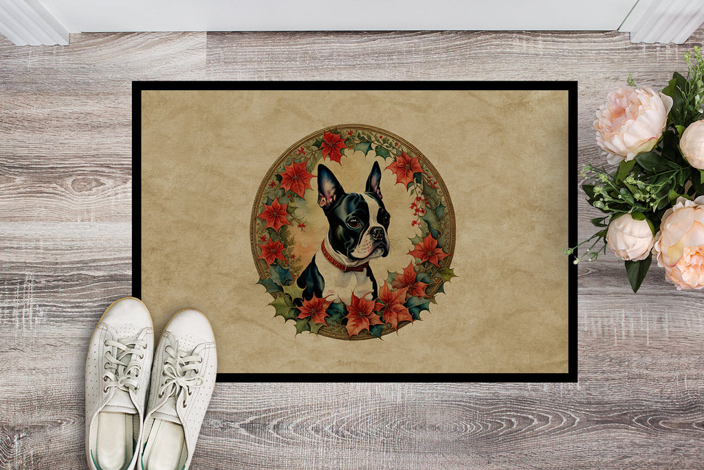 Boston Terrier Christmas Flowers Doormat Indoor Outdoor 24H X 36W Front Door Mat Rugs for Entryway, Non Slip Washable Low Pile,