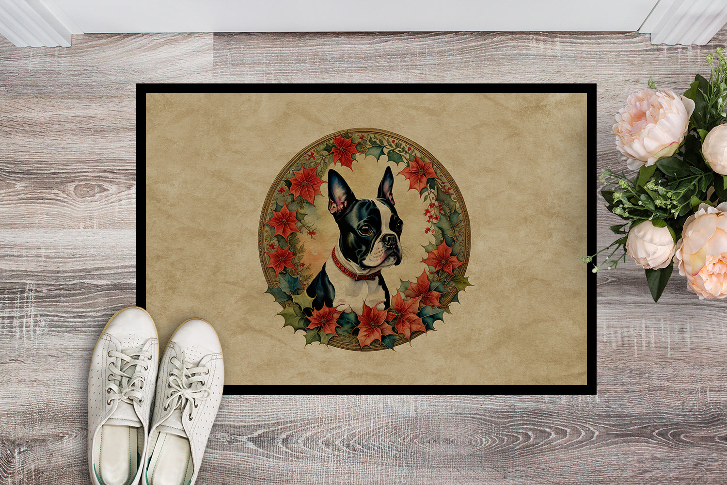 Boston Terrier Christmas Flowers Doormat Indoor Outdoor 24H X 36W Front Door Mat Rugs for Entryway, Non Slip Washable Low Pile,