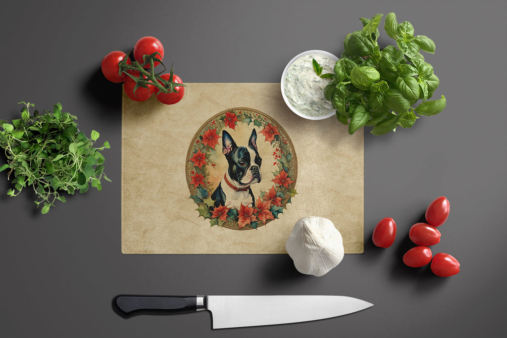 Boston Terrier Christmas Flowers Cutting Board Tempered Glass Kitchen Cutting Surface, Heat Resistant Chopping, Non-Slip Feet, Food Prep & Serving