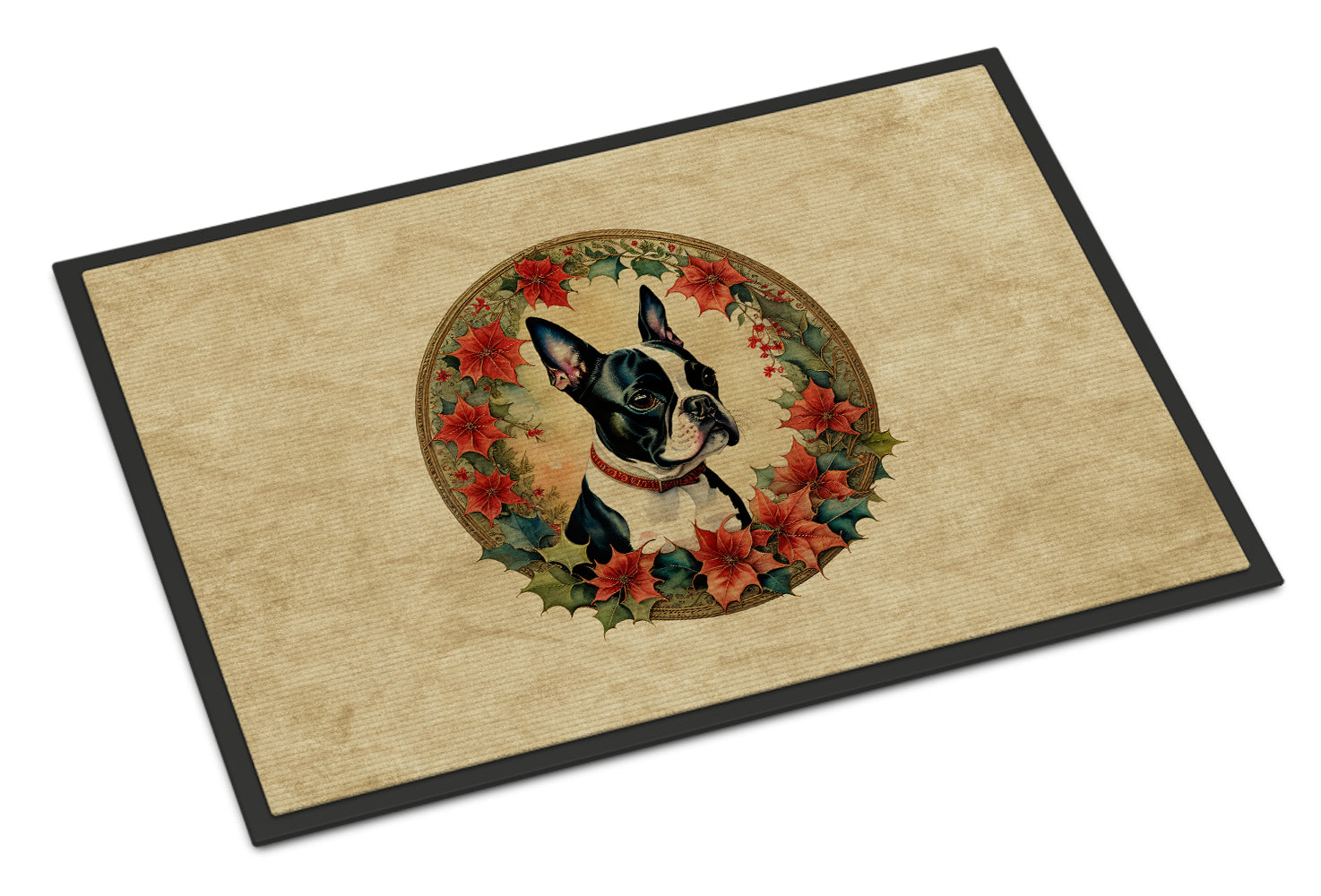 Boston Terrier Christmas Flowers Doormat Indoor Outdoor 18H X 27W Front Door Mat Rugs for Entryway, Non Slip Washable