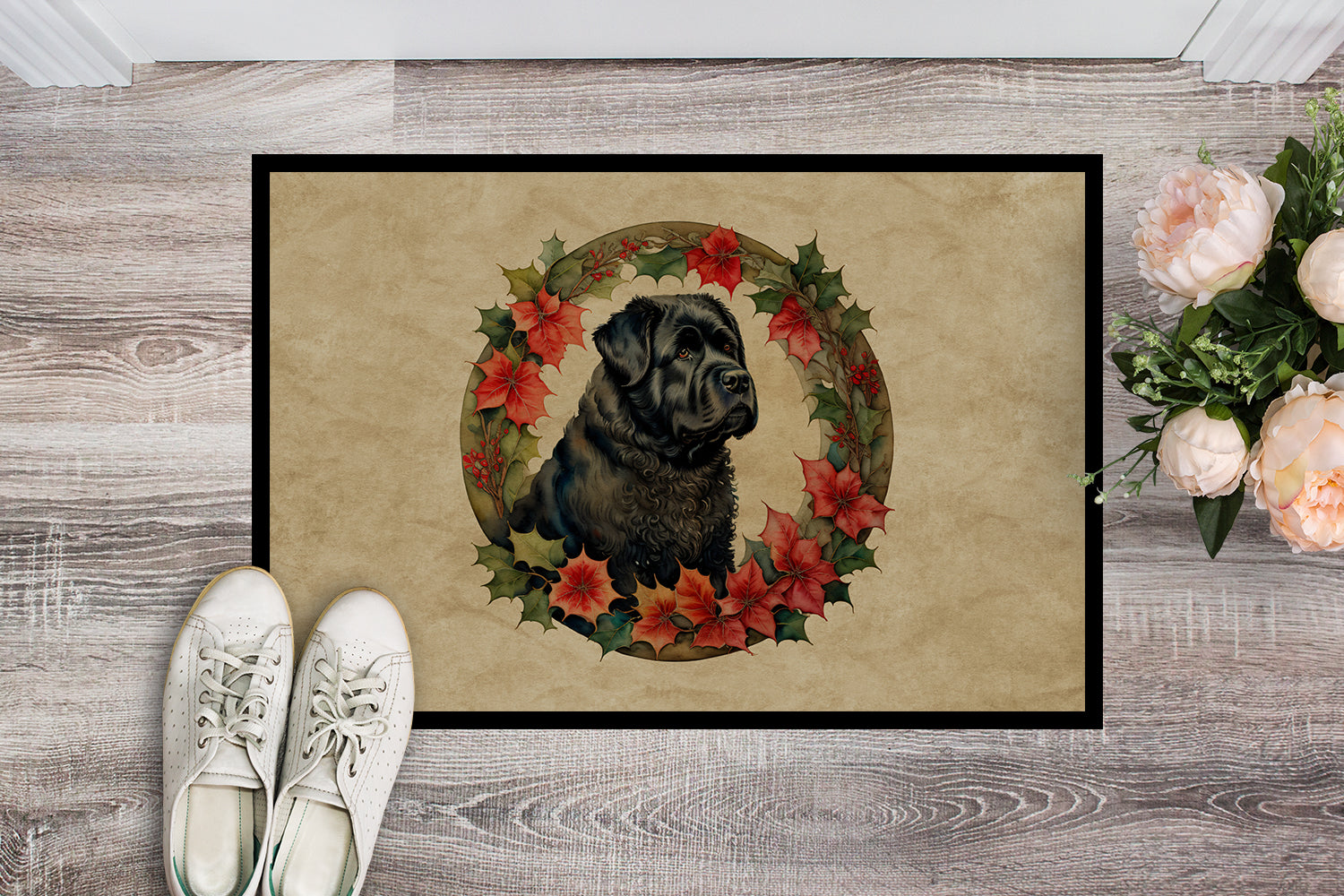 Bouvier des Flandres Christmas Flowers Doormat Indoor Outdoor 24H X 36W Front Door Mat Rugs for Entryway, Non Slip Washable Low Pile,