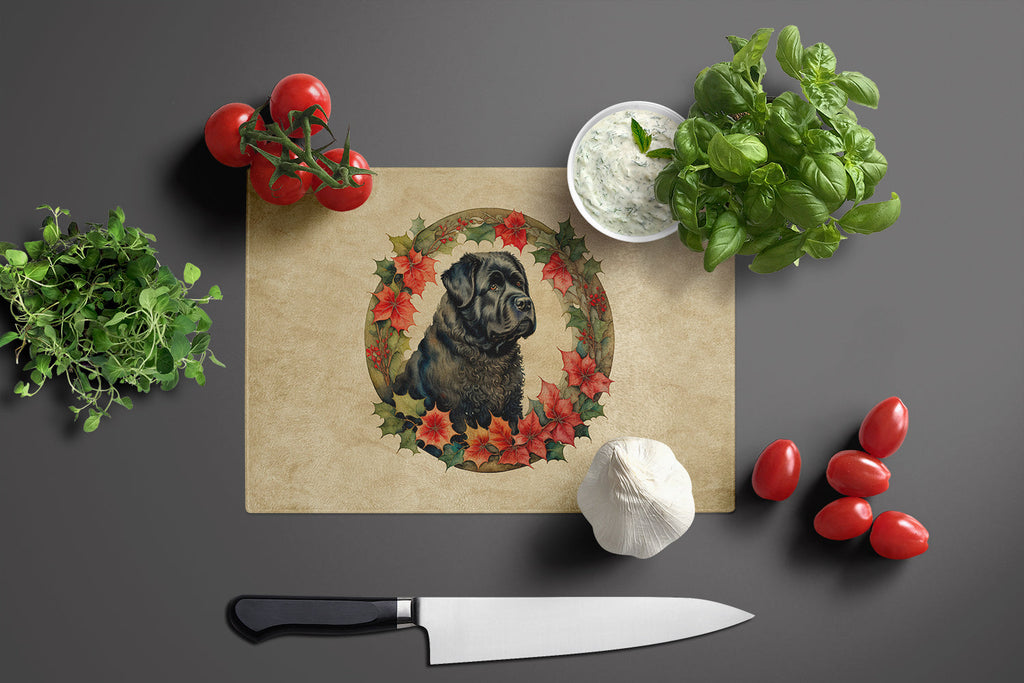 Bouvier des Flandres Christmas Flowers Cutting Board Tempered Glass Kitchen Cutting Surface, Heat Resistant Chopping, Non-Slip Feet, Food Prep & Serving