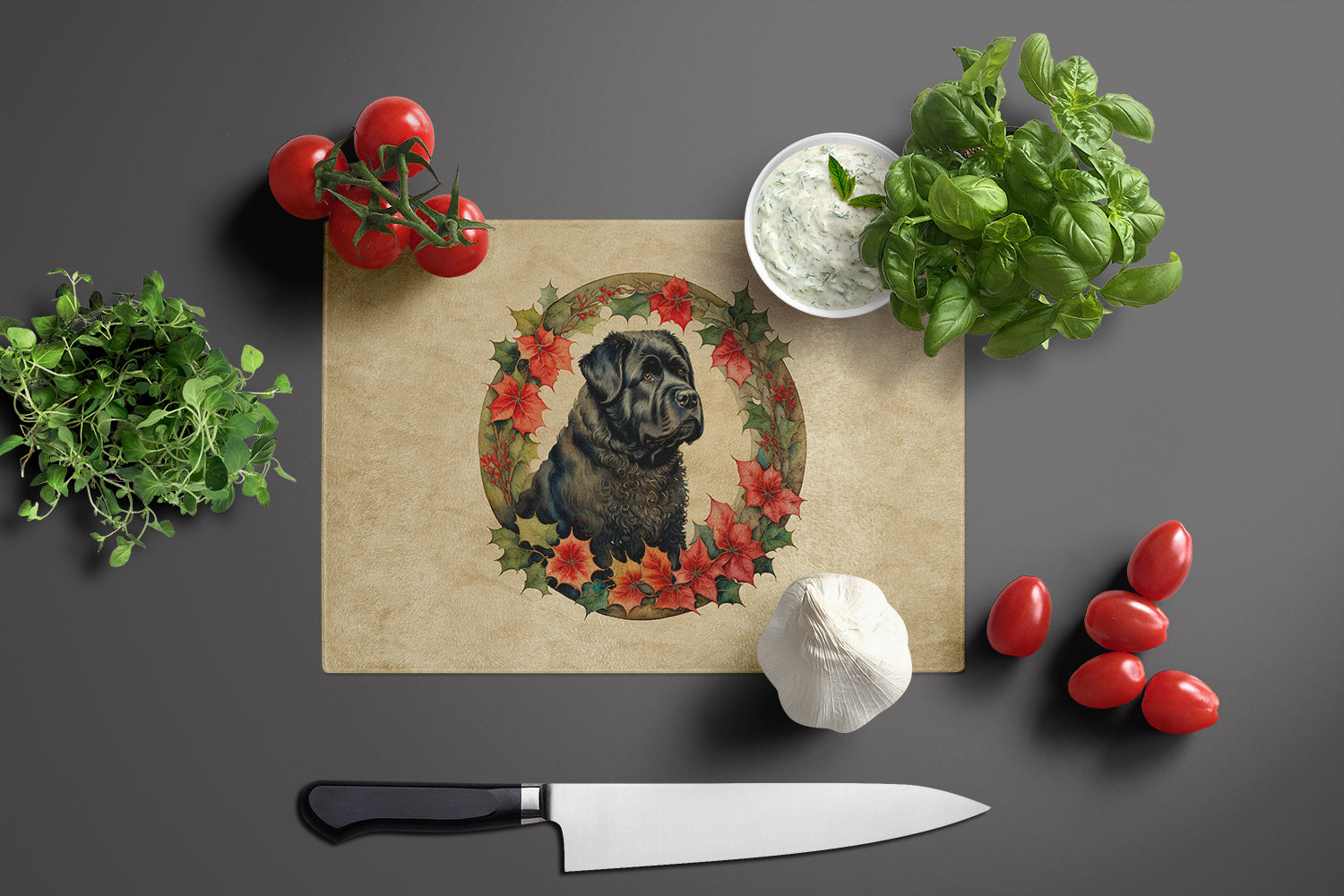 Bouvier des Flandres Christmas Flowers Cutting Board Tempered Glass Kitchen Cutting Surface, Heat Resistant Chopping, Non-Slip Feet, Food Prep & Serving