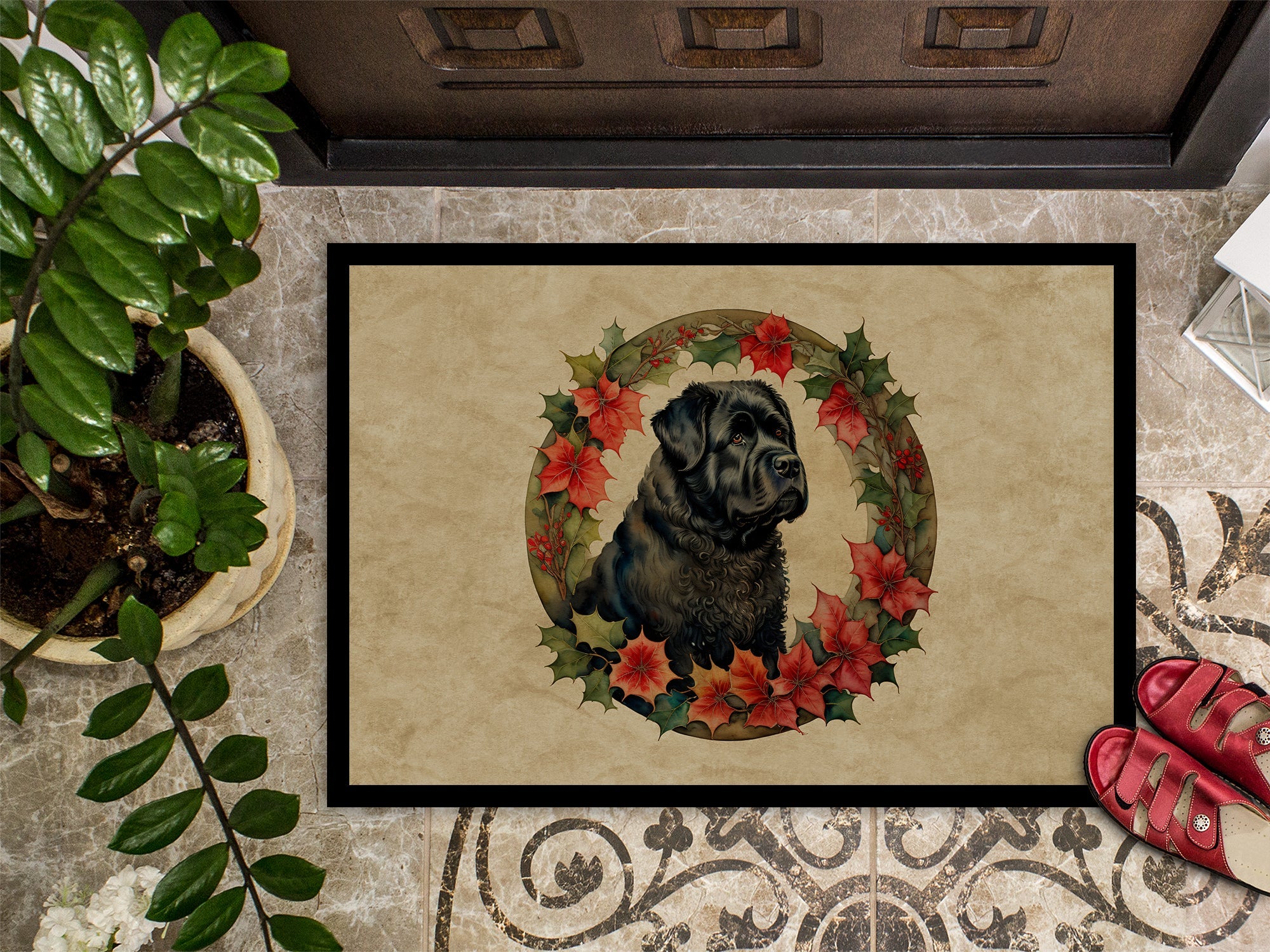 Bouvier des Flandres Christmas Flowers Doormat Indoor Outdoor 18H X 27W Front Door Mat Rugs for Entryway, Non Slip Washable
