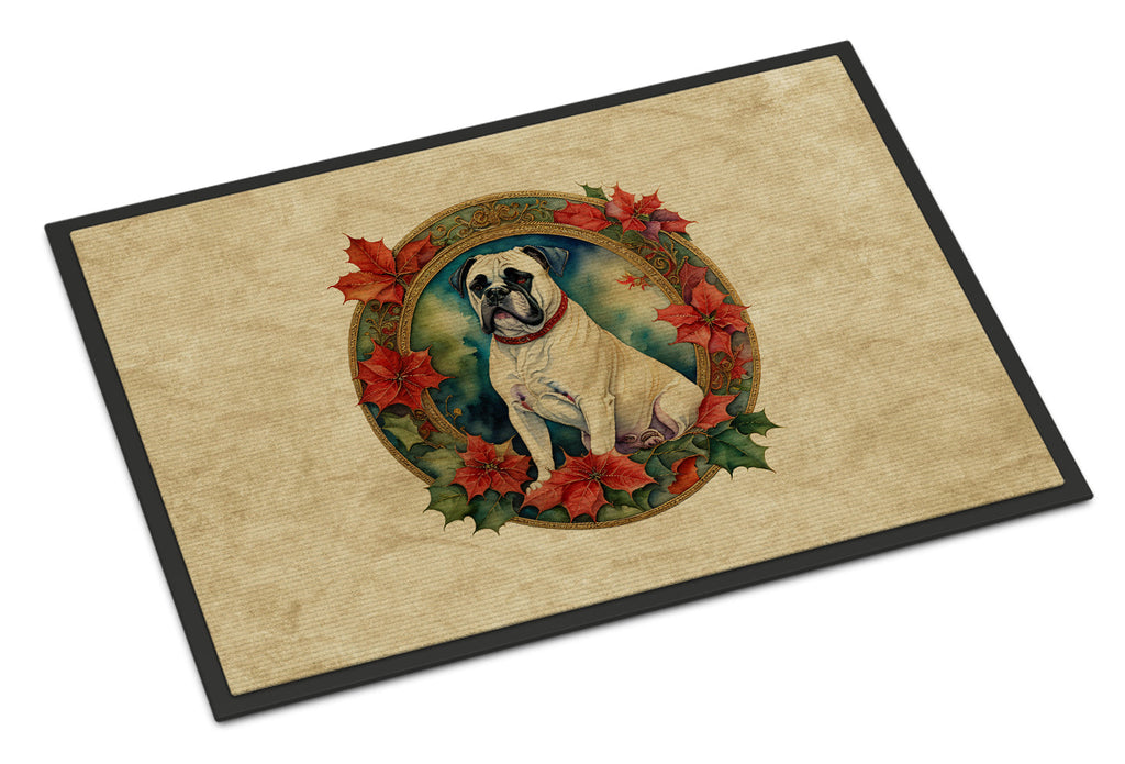 White Boxer Christmas Flowers Doormat Indoor Outdoor 24H X 36W Front Door Mat Rugs for Entryway, Non Slip Washable Low Pile,