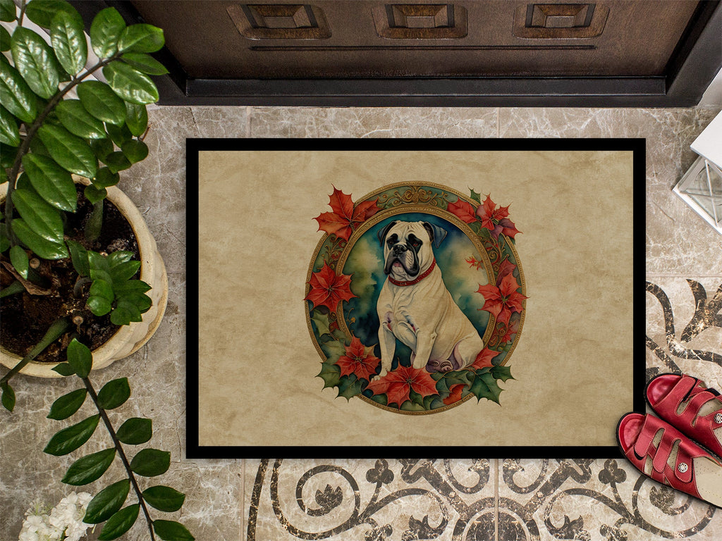 White Boxer Christmas Flowers Doormat Indoor Outdoor 24H X 36W Front Door Mat Rugs for Entryway, Non Slip Washable Low Pile,