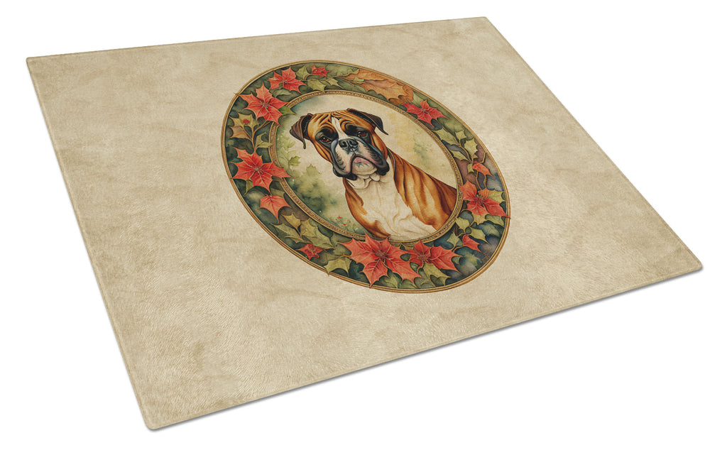 Boxer Christmas Flowers Cutting Board Tempered Glass Kitchen Cutting Surface, Heat Resistant Chopping, Non-Slip Feet, Food Prep & Serving