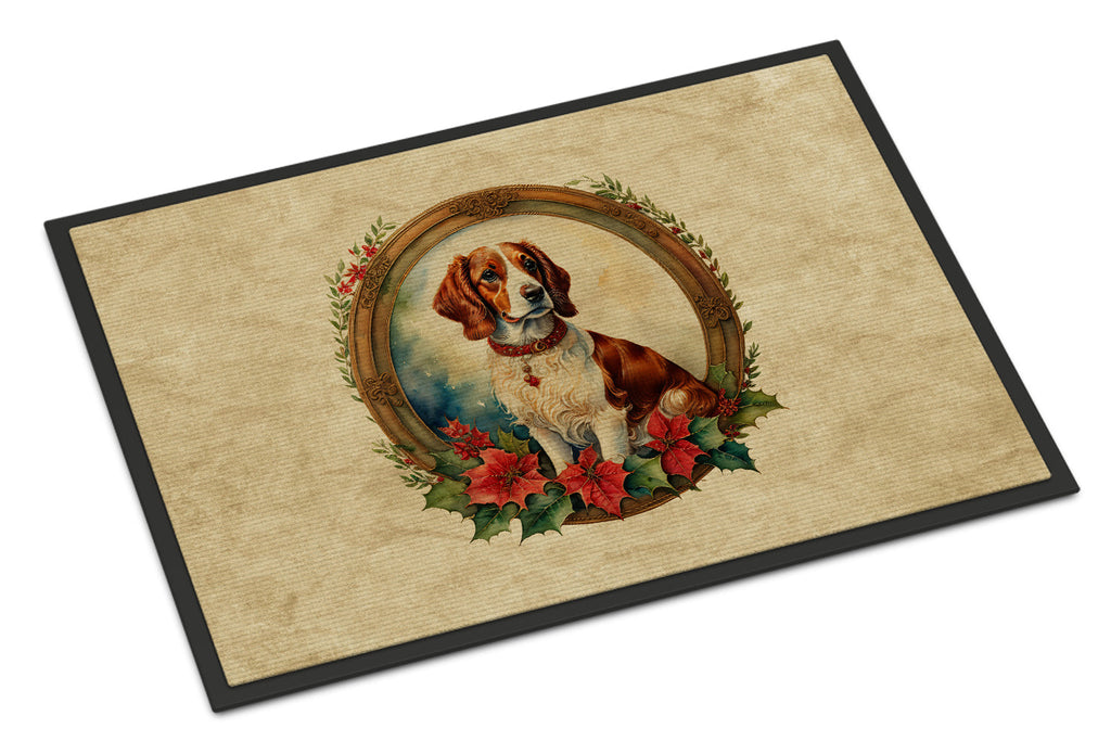 Brittany Spaniel Christmas Flowers Doormat Indoor Outdoor 24H X 36W Front Door Mat Rugs for Entryway, Non Slip Washable Low Pile,