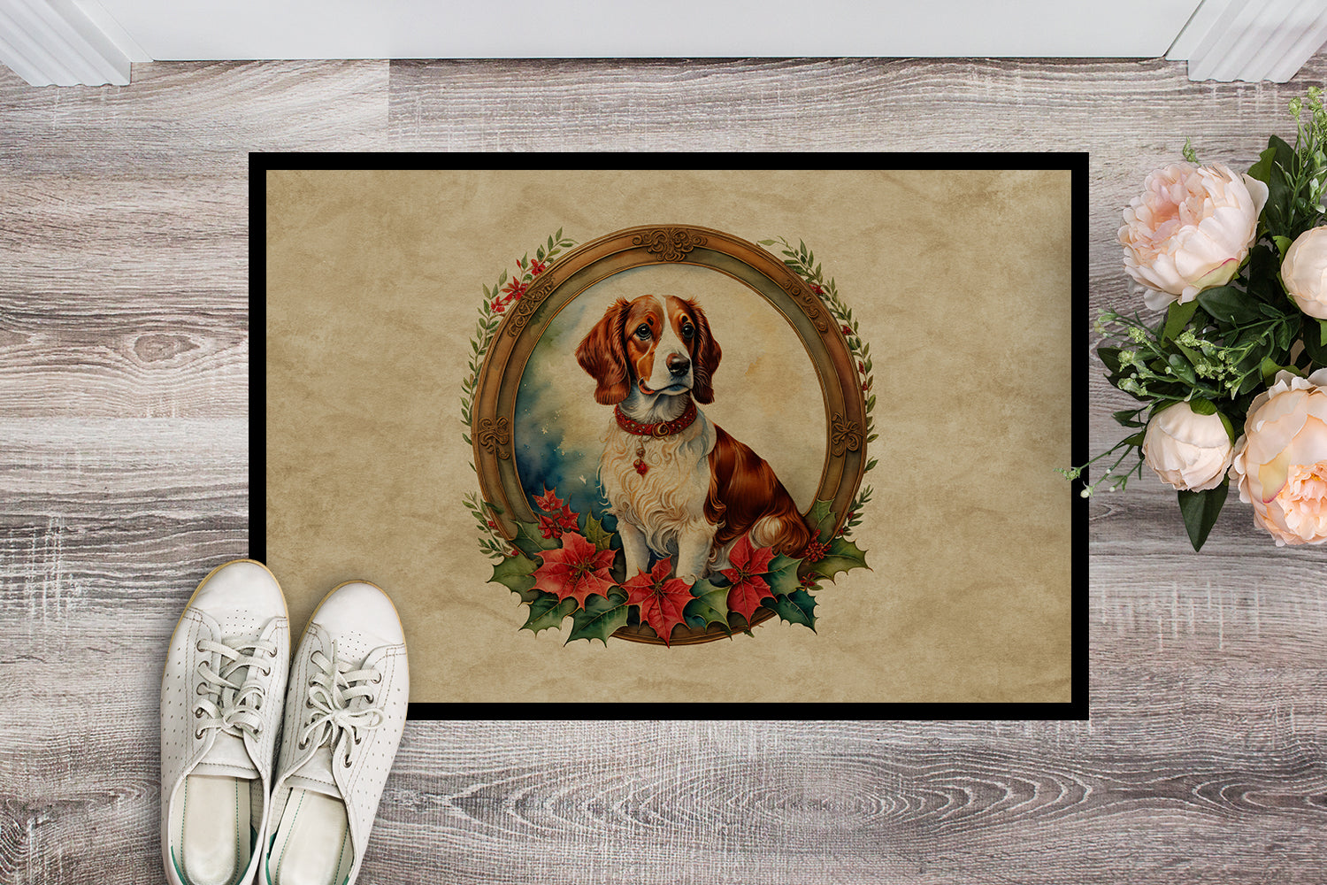Brittany Spaniel Christmas Flowers Doormat Indoor Outdoor 24H X 36W Front Door Mat Rugs for Entryway, Non Slip Washable Low Pile,