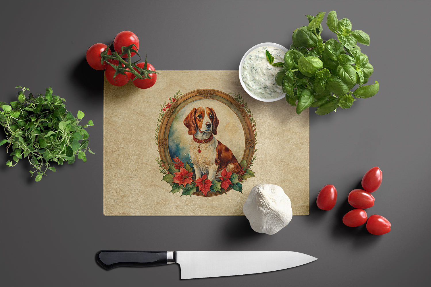 Brittany Spaniel Christmas Flowers Cutting Board Tempered Glass Kitchen Cutting Surface, Heat Resistant Chopping, Non-Slip Feet, Food Prep & Serving