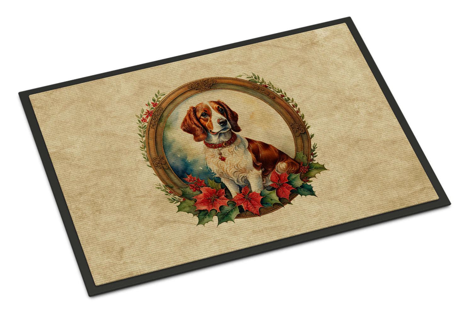 Brittany Spaniel Christmas Flowers Doormat Indoor Outdoor 18H X 27W Front Door Mat Rugs for Entryway, Non Slip Washable