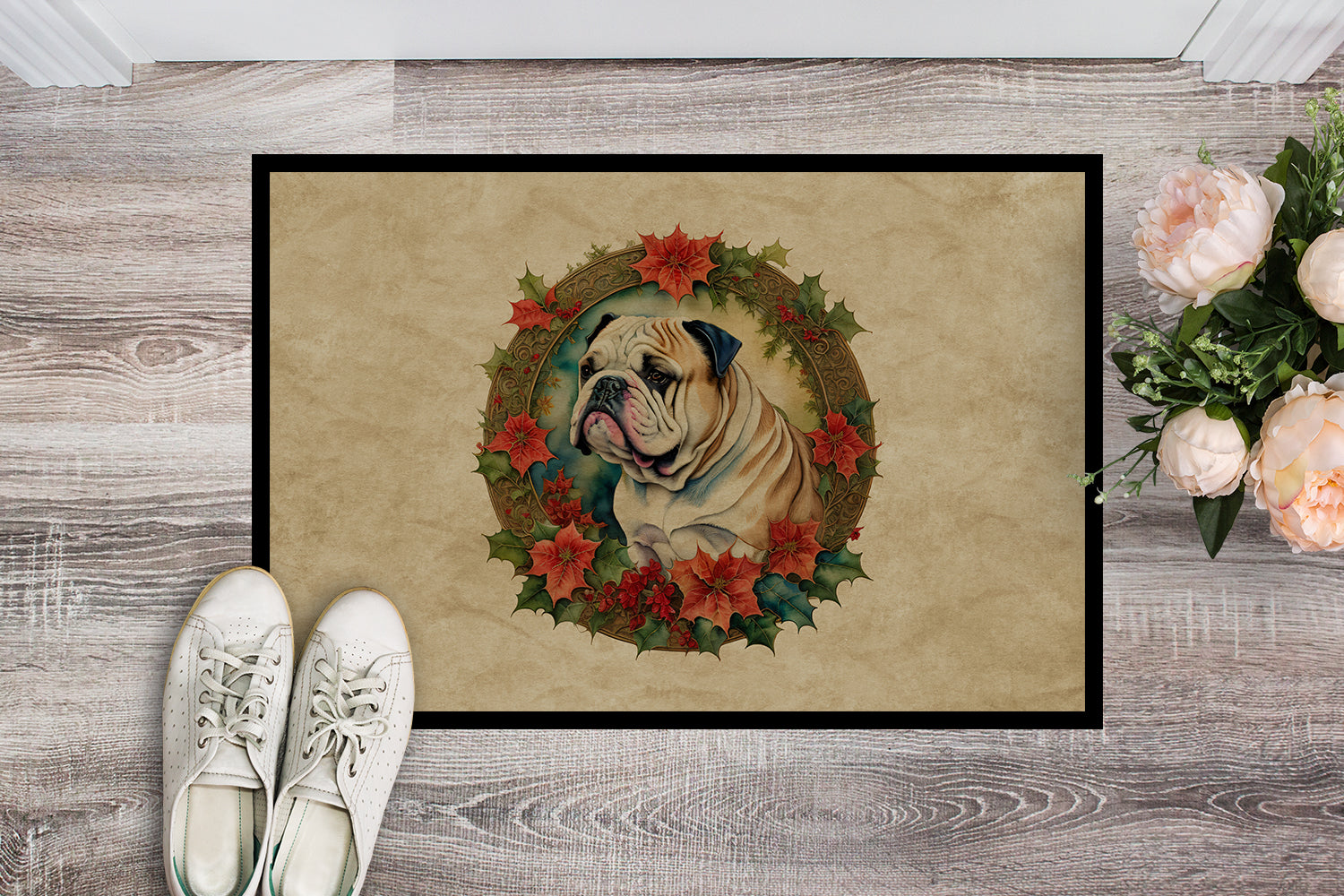 English Bulldog Christmas Flowers Doormat Indoor Outdoor 24H X 36W Front Door Mat Rugs for Entryway, Non Slip Washable Low Pile,