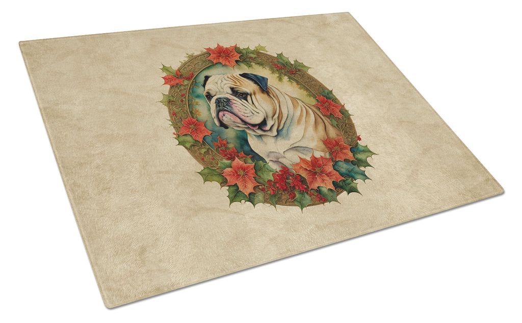 English Bulldog Christmas Flowers Cutting Board Tempered Glass Kitchen Cutting Surface, Heat Resistant Chopping, Non-Slip Feet, Food Prep & Serving