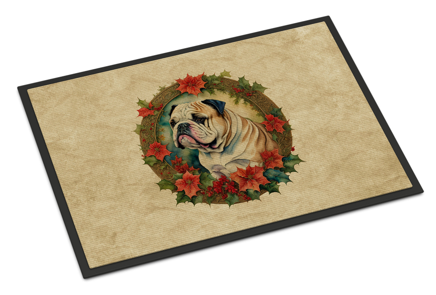 English Bulldog Christmas Flowers Doormat Indoor Outdoor 18H X 27W Front Door Mat Rugs for Entryway, Non Slip Washable