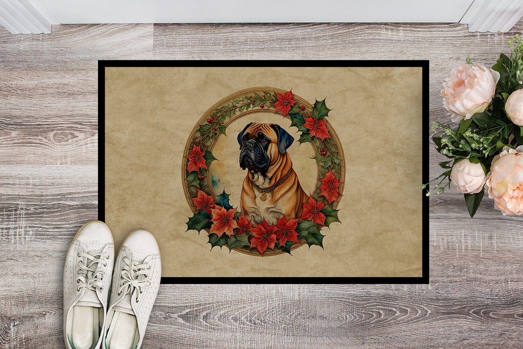 Bullmastiff Christmas Flowers Doormat Indoor Outdoor 24H X 36W Front Door Mat Rugs for Entryway, Non Slip Washable Low Pile,