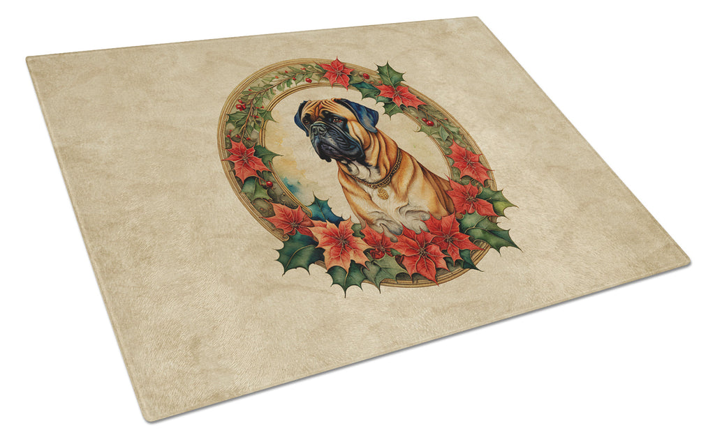 Bullmastiff Christmas Flowers Cutting Board Tempered Glass Kitchen Cutting Surface, Heat Resistant Chopping, Non-Slip Feet, Food Prep & Serving