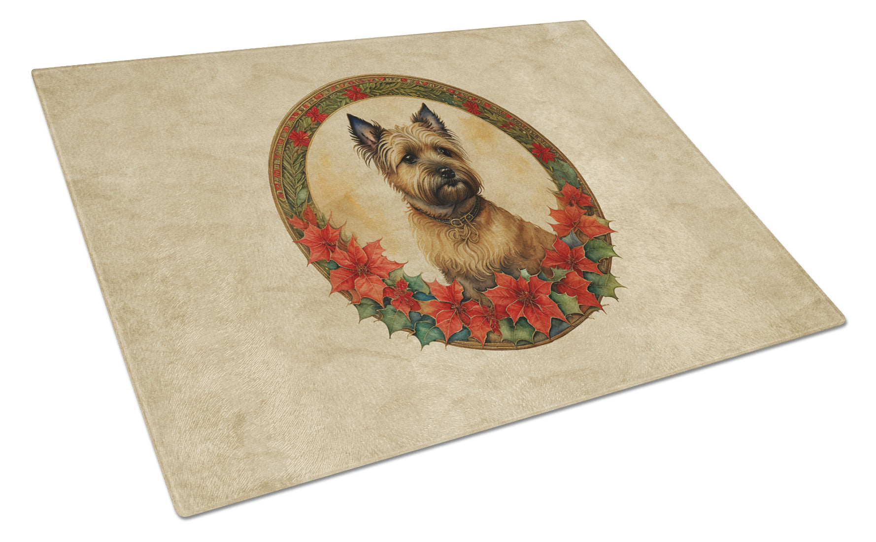 Cairn Terrier Christmas Flowers Cutting Board Tempered Glass Kitchen Cutting Surface, Heat Resistant Chopping, Non-Slip Feet, Food Prep & Serving