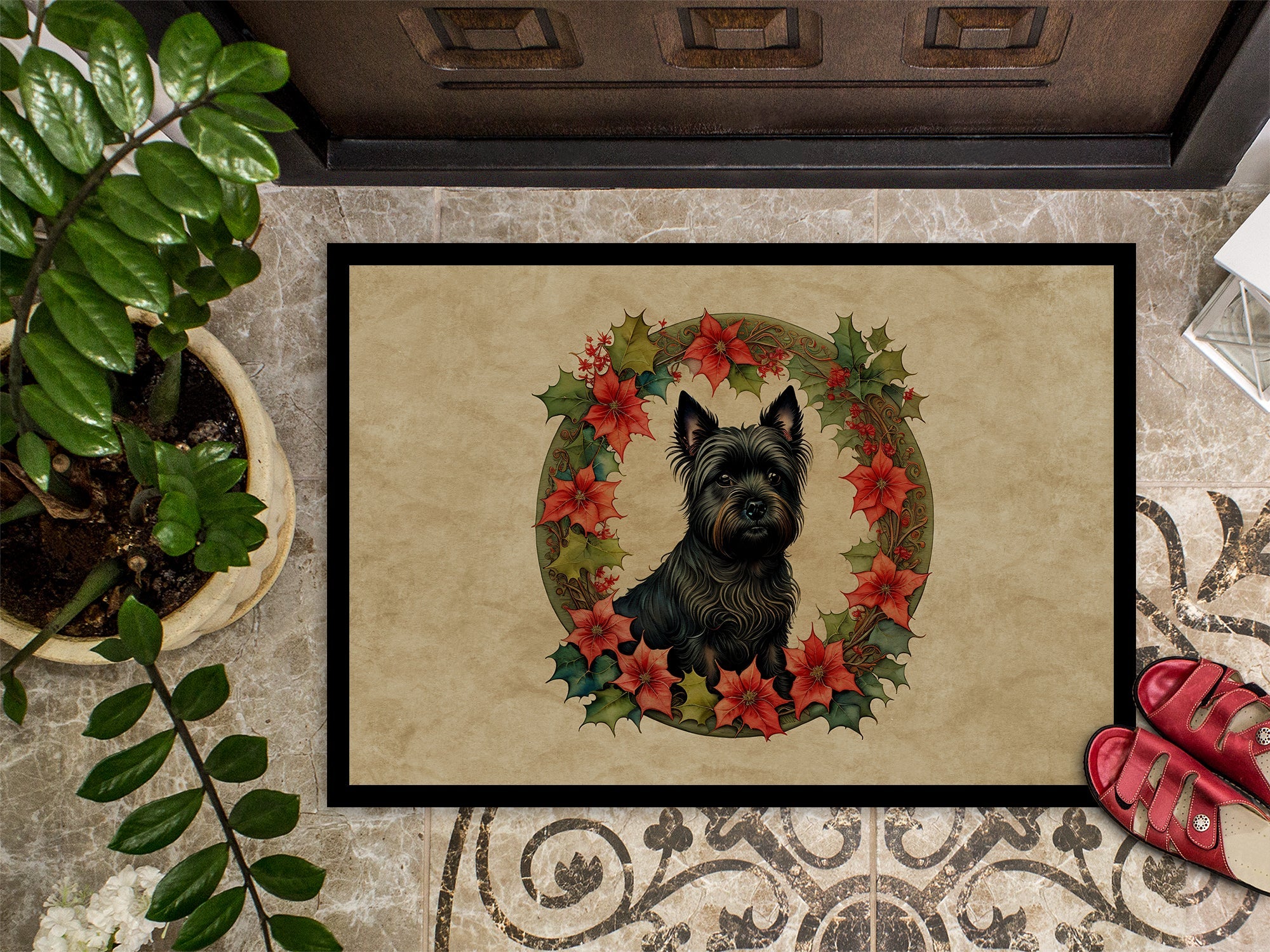 Cairn Terrier Christmas Flowers Doormat Indoor Outdoor 24H X 36W Front Door Mat Rugs for Entryway, Non Slip Washable Low Pile,