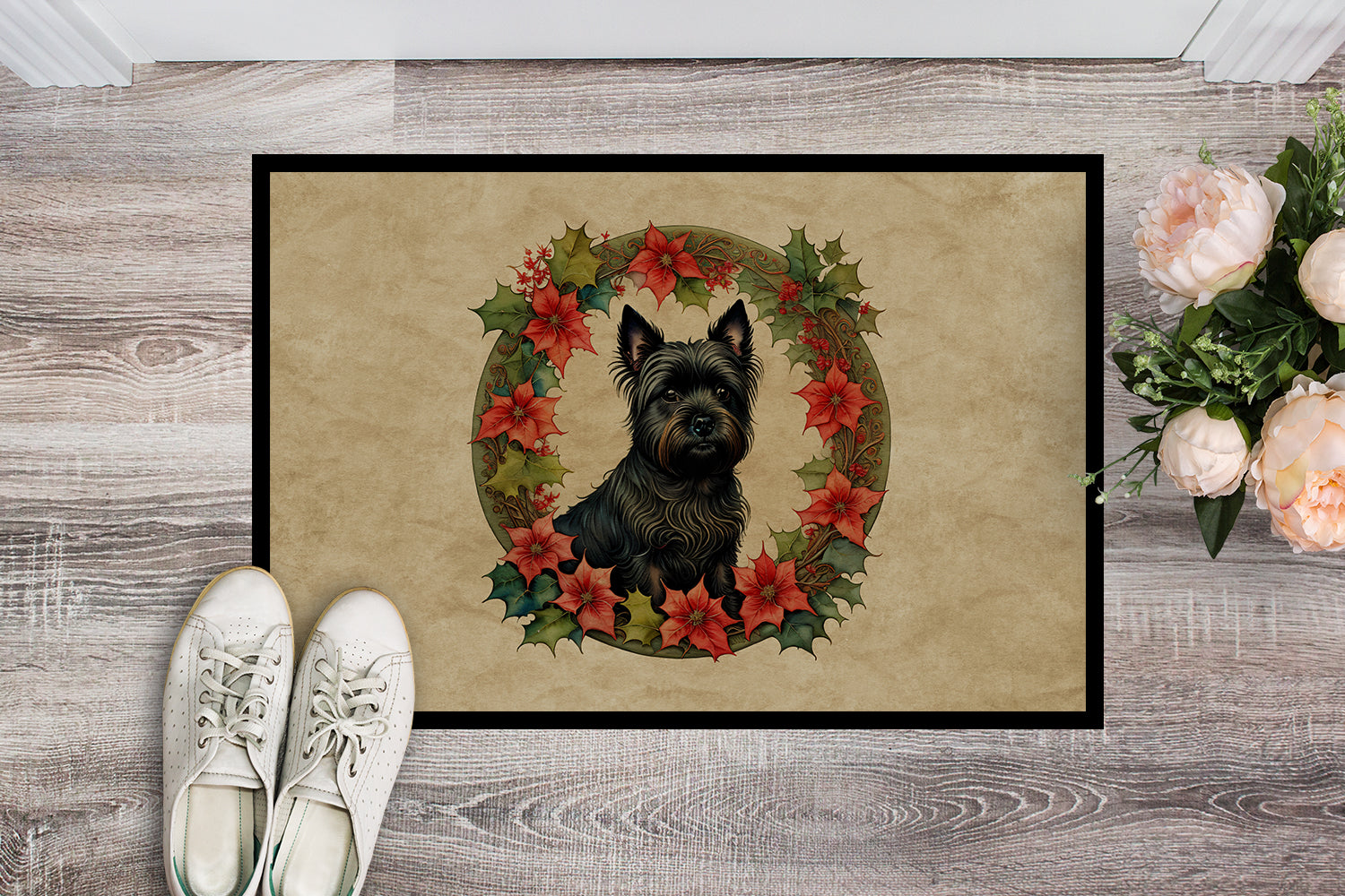 Cairn Terrier Christmas Flowers Doormat Indoor Outdoor 18H X 27W Front Door Mat Rugs for Entryway, Non Slip Washable
